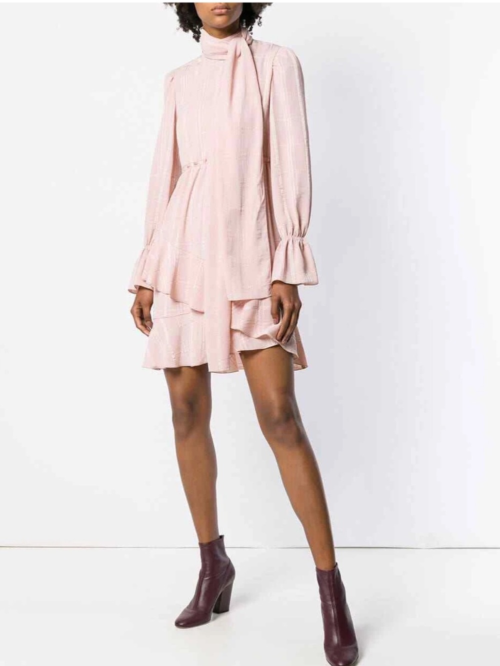 See by Chloe Pink Plaid Check Textured Scarf Wrap High Neck Ruffle Dress